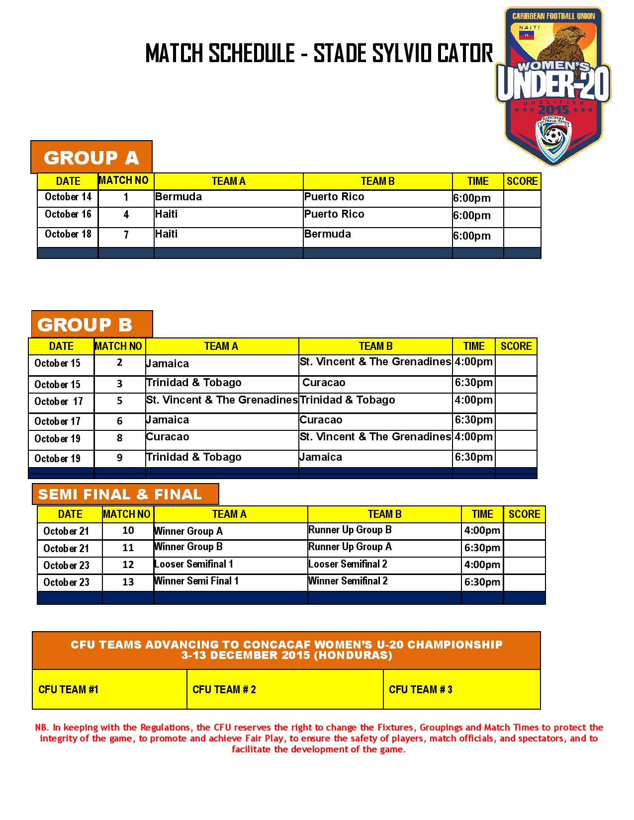 calendrier u-20 feminine